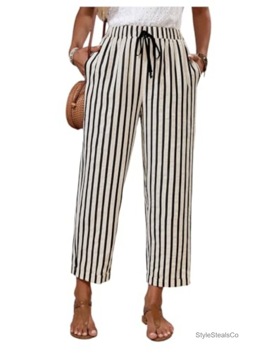Women's Striped Capri Pants High Rise Elastic Waist Business Casual Drawstring